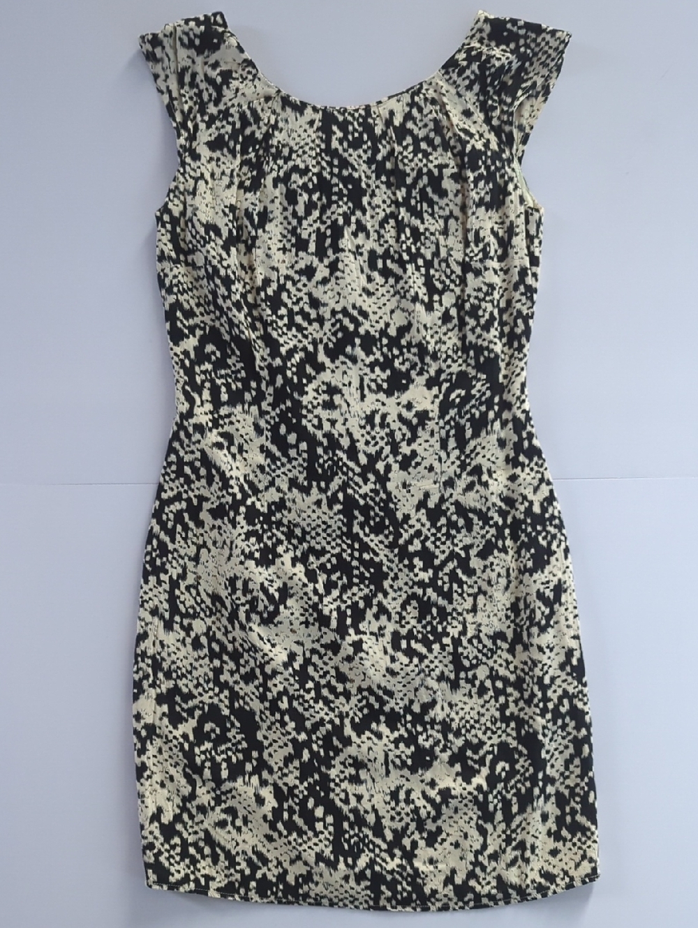 Warehouse Black and Cream Printed Cap-Sleeve Midi Dress